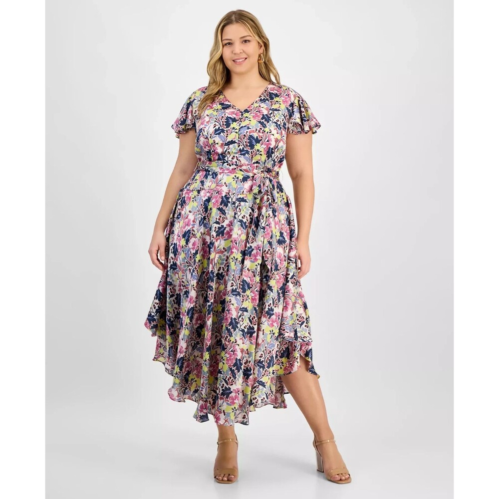 Vince Camuto Women's Plus Size V-Neck Short Flutter-Sleeves Belted Midi Dress 2X